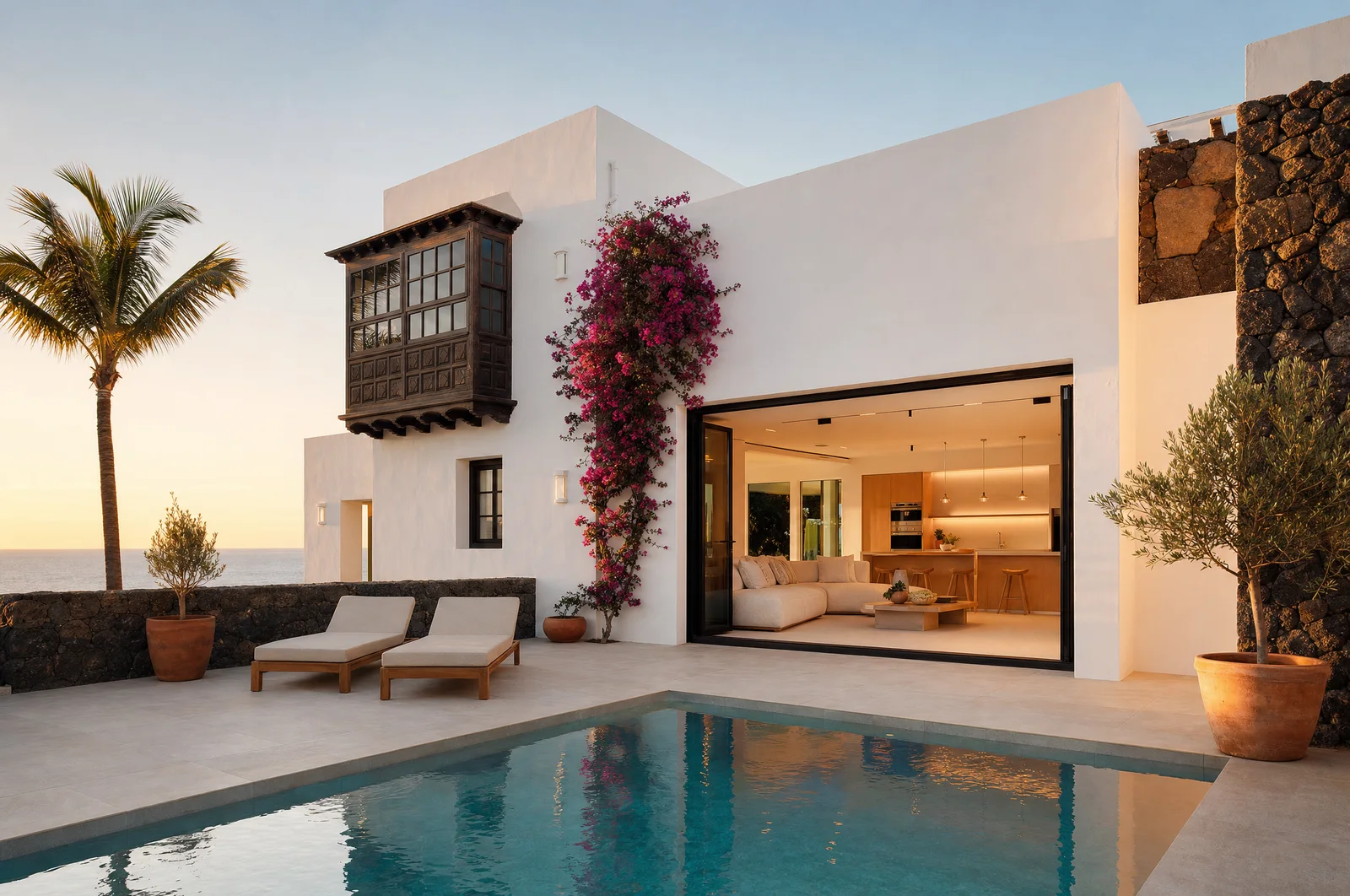 A renovated Canarian villa with an open living room, a pool and bougainvillea